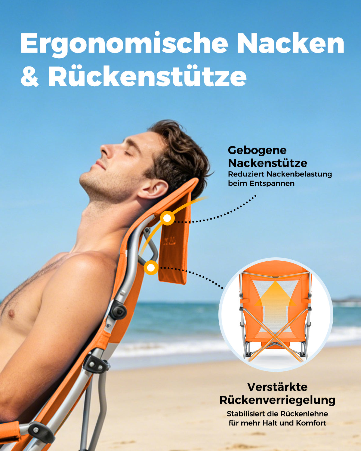 Foldable Beach Chair Lightweight 180 kg Load Capacity with High Mesh Backrest