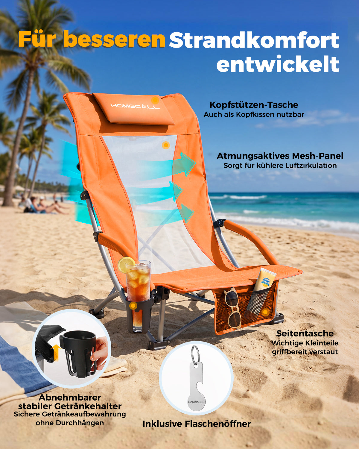 Foldable Beach Chair Lightweight 180 kg Load Capacity with High Mesh Backrest