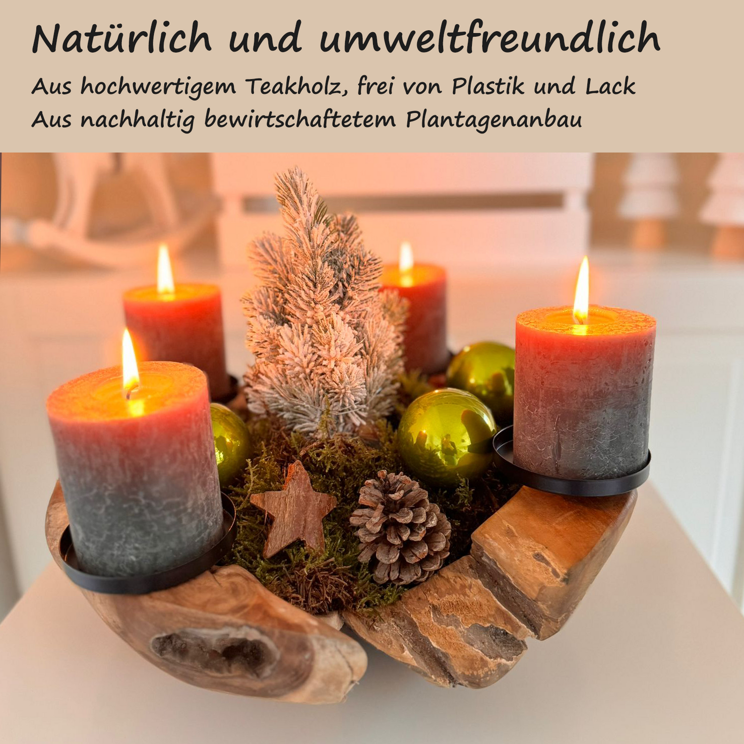 Homecall Advent wreath modern candle holder Advent wreath wood with 4 candle picks Advent arrangement key bowl Advent wreath tea lights wooden bowl ร 20cm - 25cm teak bowl (without candles and decorations)