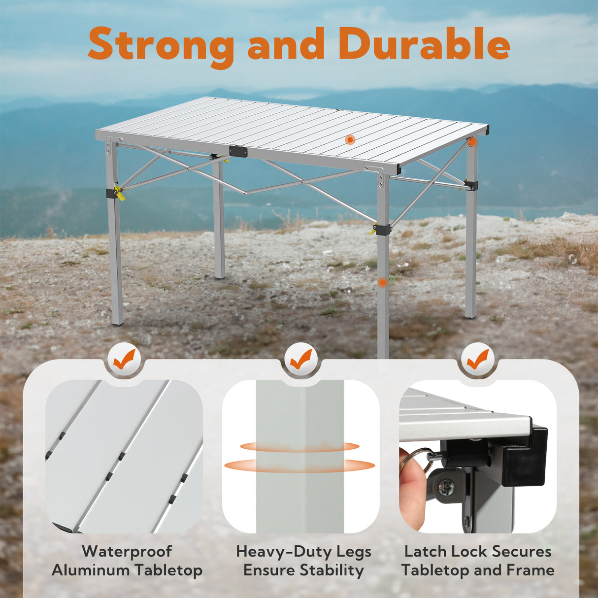 Camping Table Foldable Up to 100 kg Camping Table Height Adjustable (76/84.5/92.5 cm) Sturdy Aluminium Folding Table for 6 People - Roll Up Camping Table 120 x 70 cm Oversize Rolling Table for