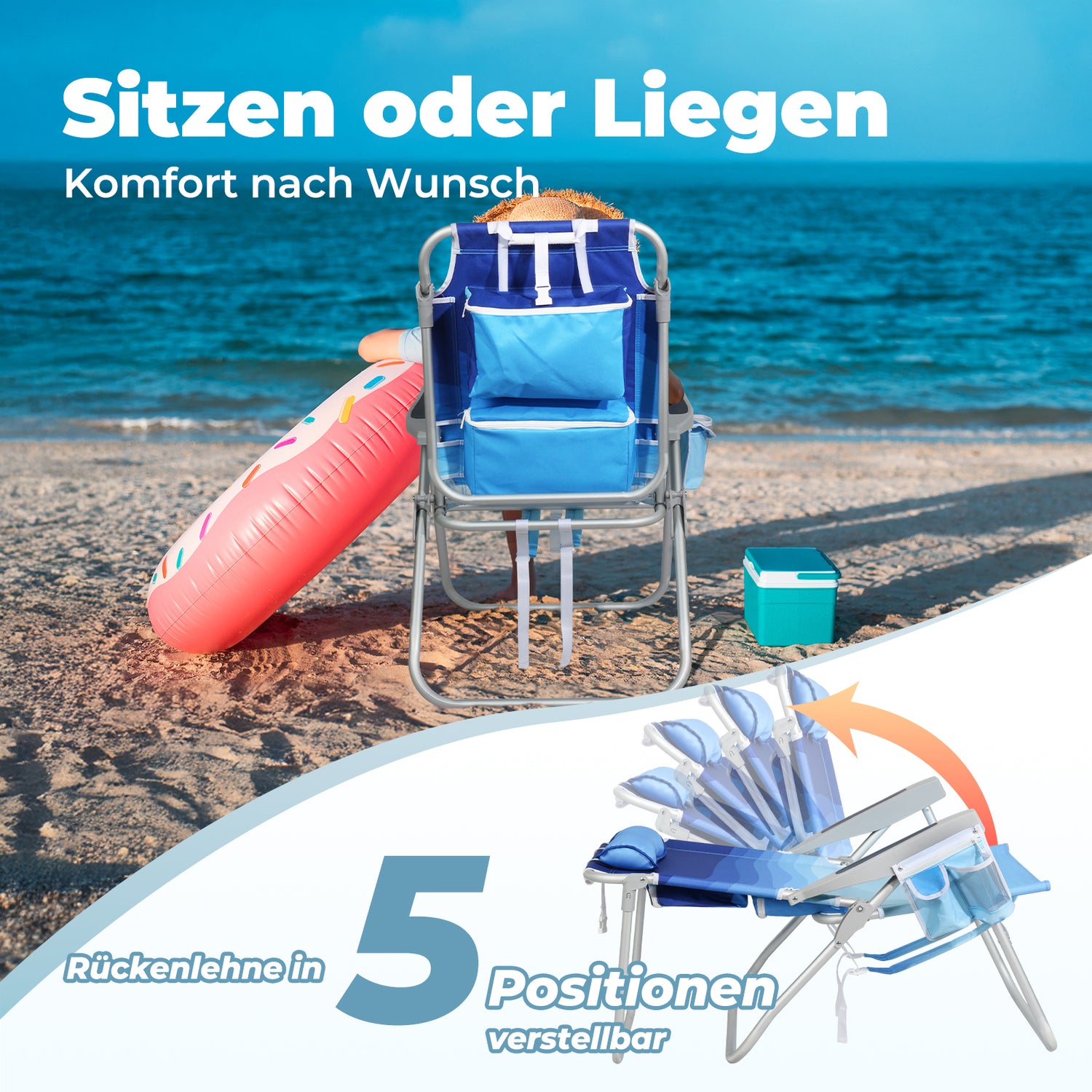 Homecall Beach Chair Foldable Lightweight Folding Chair Beach 5-Level Adjustable Backrest - Beach Chair Beach Chairs Foldable up to 136 kg for Beach, Outdoors