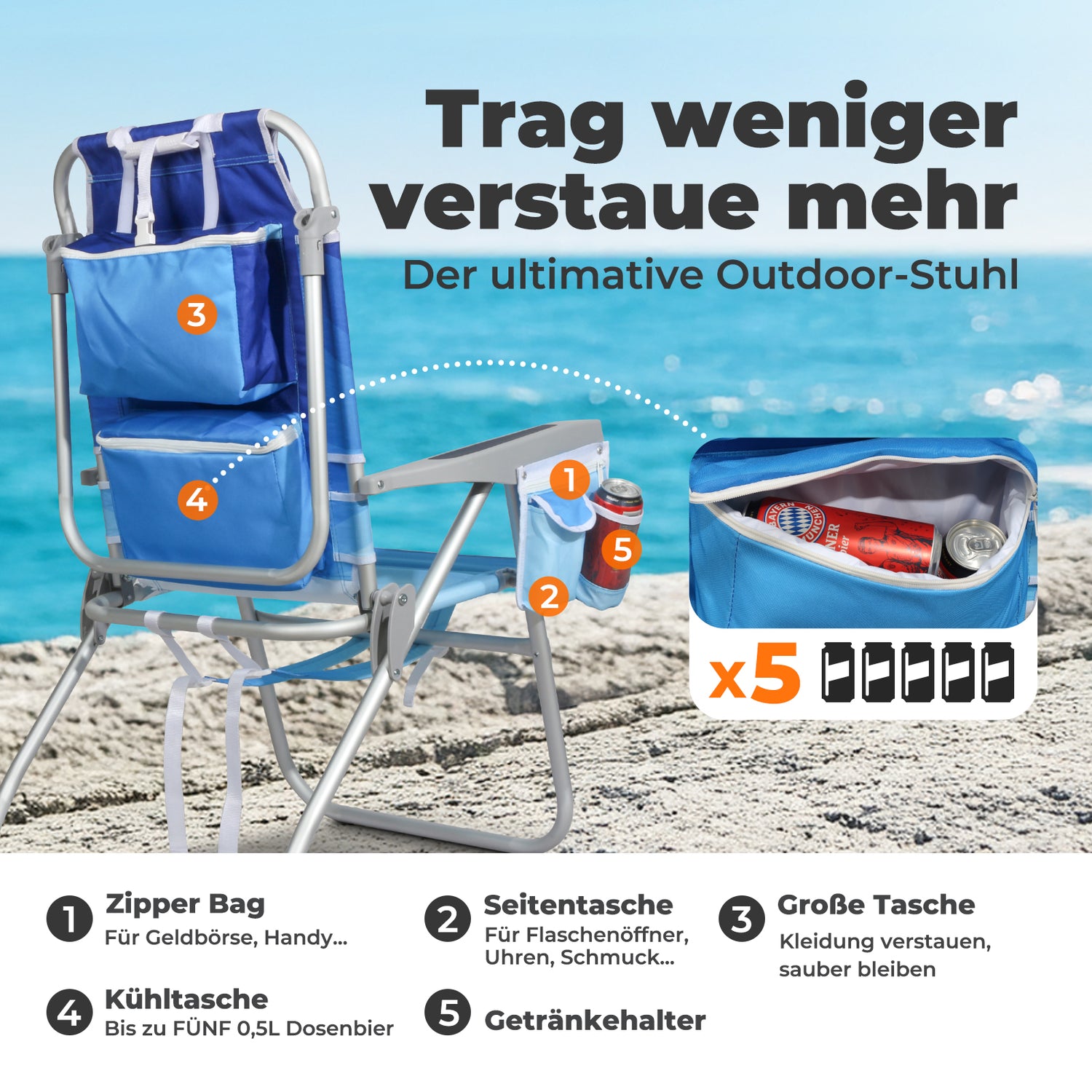 Homecall Beach Chair Foldable Lightweight Folding Chair Beach 5-Level Adjustable Backrest - Beach Chair Beach Chairs Foldable up to 136 kg for Beach, Outdoors
