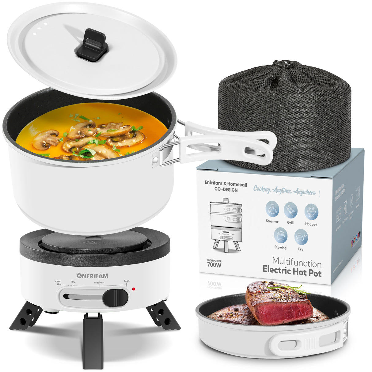ENFRIFAM Electric hot pot, multi-cooker, electric pans, camping stove 700W, fondue set, ideal for offices, dormitories, hotels, travel, caravans