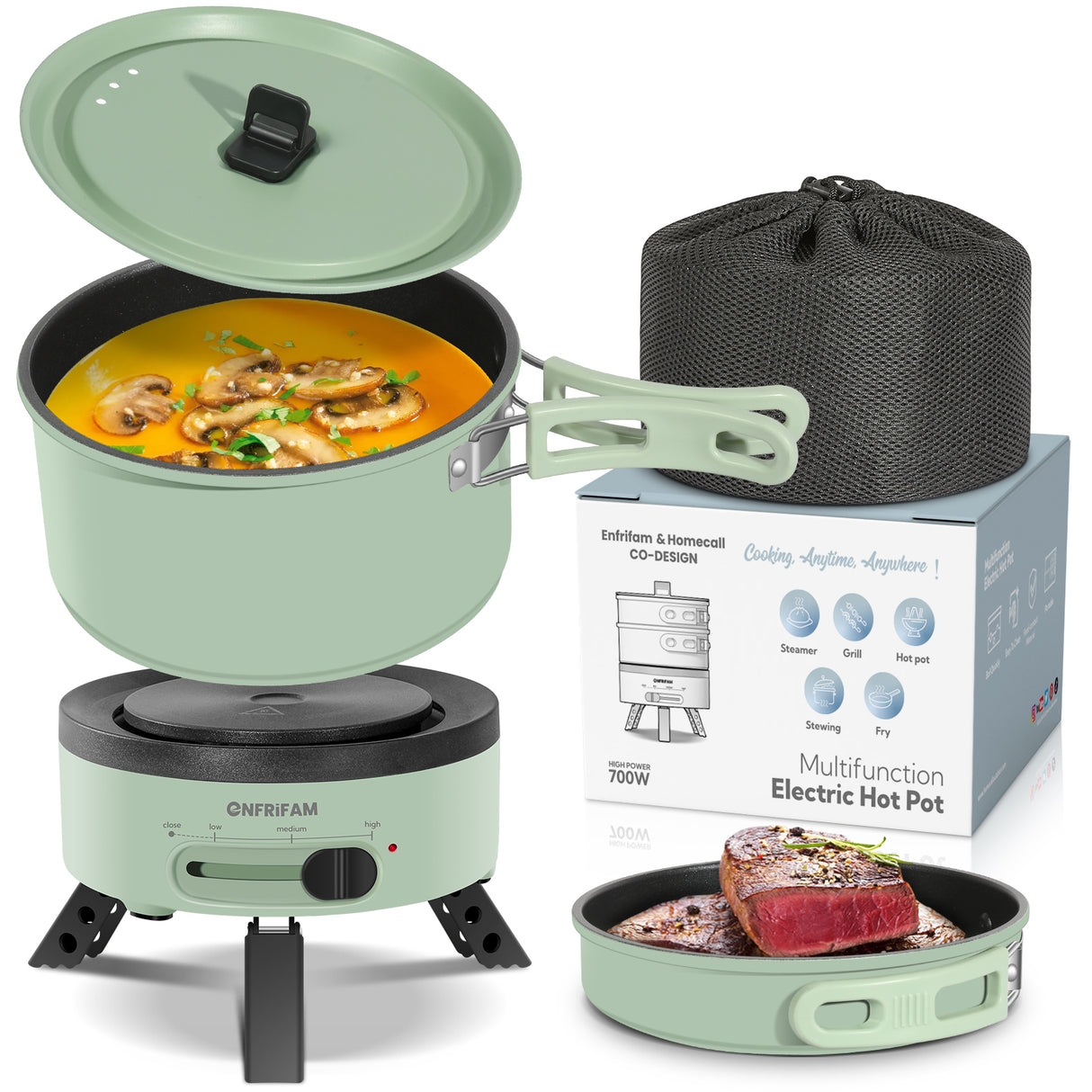 ENFRIFAM Electric hot pot, multi-cooker, electric pans, camping stove 700W, fondue set, ideal for offices, dormitories, hotels, travel, caravans