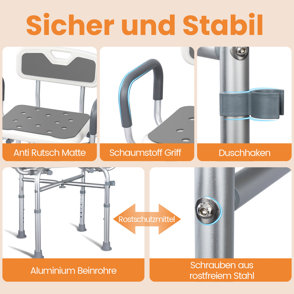 Homecall Shower Chair for Seniors with Armrests up to 180 kg - Height Adjustable & Width Adjustable Shower Stool - Reinforcement Chair for Shower - Includes Non-Slip Feet, Mats & Shower Holder