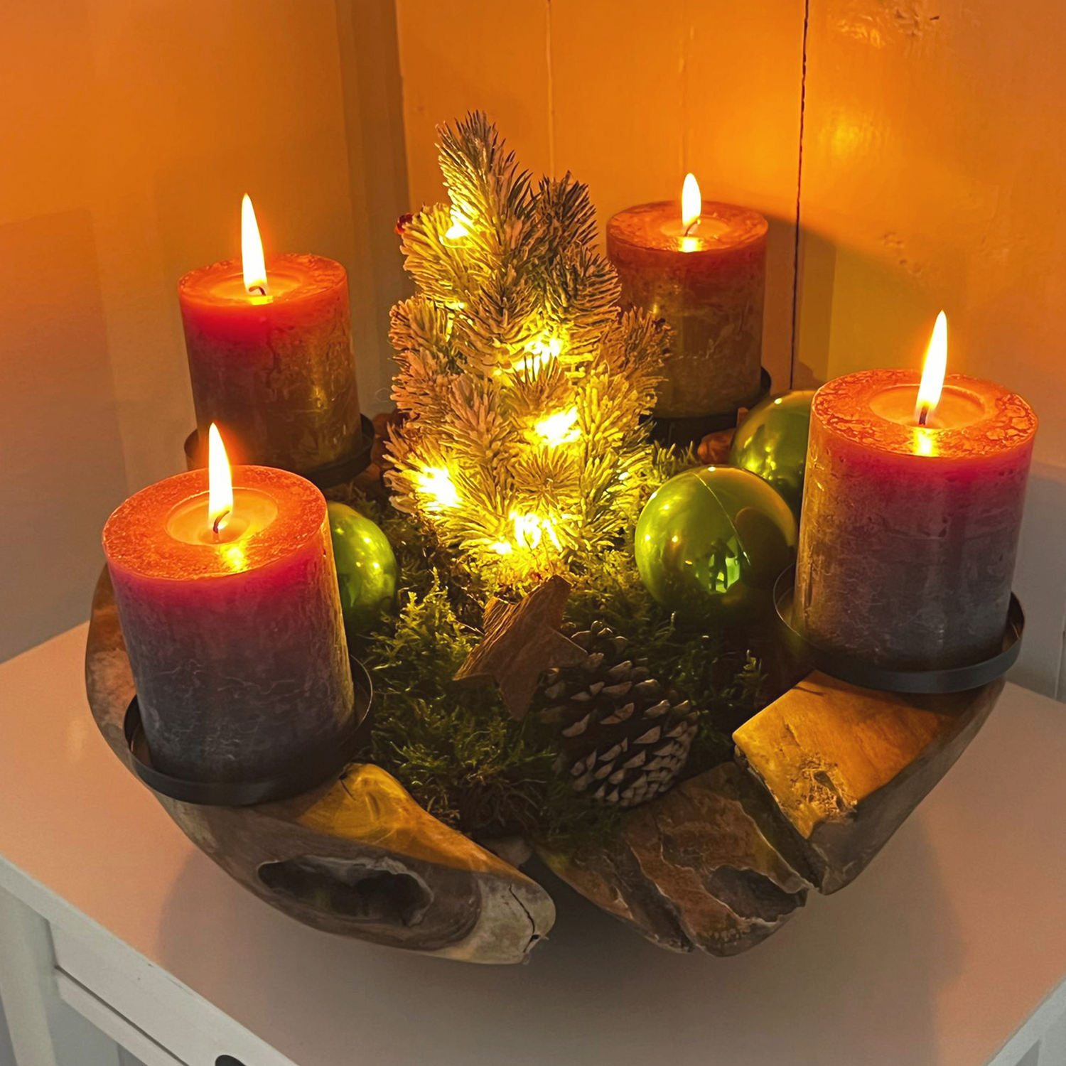 Homecall Advent wreath modern candle holder Advent wreath wood with 4 candle picks Advent arrangement key bowl Advent wreath tea lights wooden bowl ร 20cm - 25cm teak bowl (without candles and decorations)