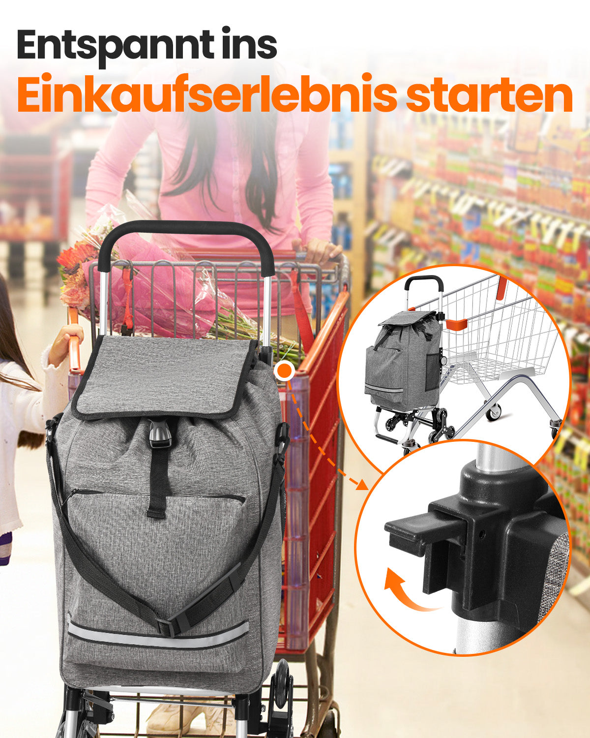 Homecall Foldable Shopping Trolley with 50 L + 5 L Cooling Function up to 50 kg, Shopping Bag with Wheels 3-in-1 Shopping Trolley & Sack Truck & Shoulder Bag (Stair Climber)