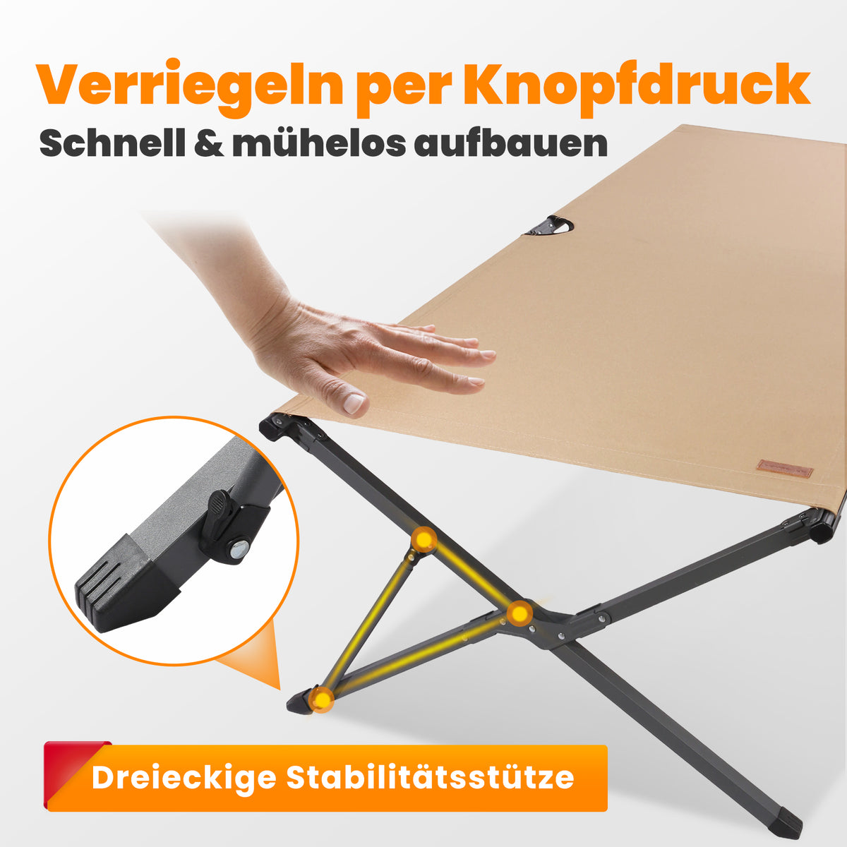 Homecall Feldbett klappbar XXL bis 240 kg, 210 x 80 cm, Aufklappen & sofort nutzen (Sand)