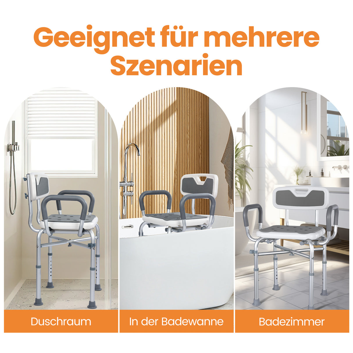 Homecall Shower Chair for Seniors with Armrests up to 180 kg - Height Adjustable & Width Adjustable Shower Stool - Reinforcement Chair for Shower - Includes Non-Slip Feet, Mats & Shower Holder