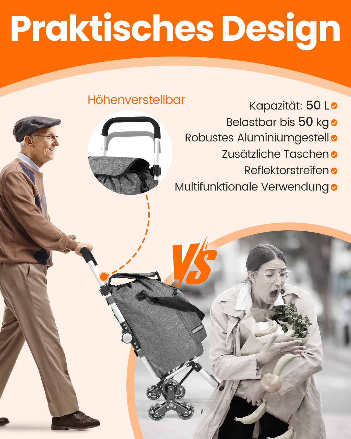 Homecall Foldable Shopping Trolley with 50 L + 5 L Cooling Function up to 50 kg, Shopping Bag with Wheels 3-in-1 Shopping Trolley & Sack Truck & Shoulder Bag (Stair Climber)