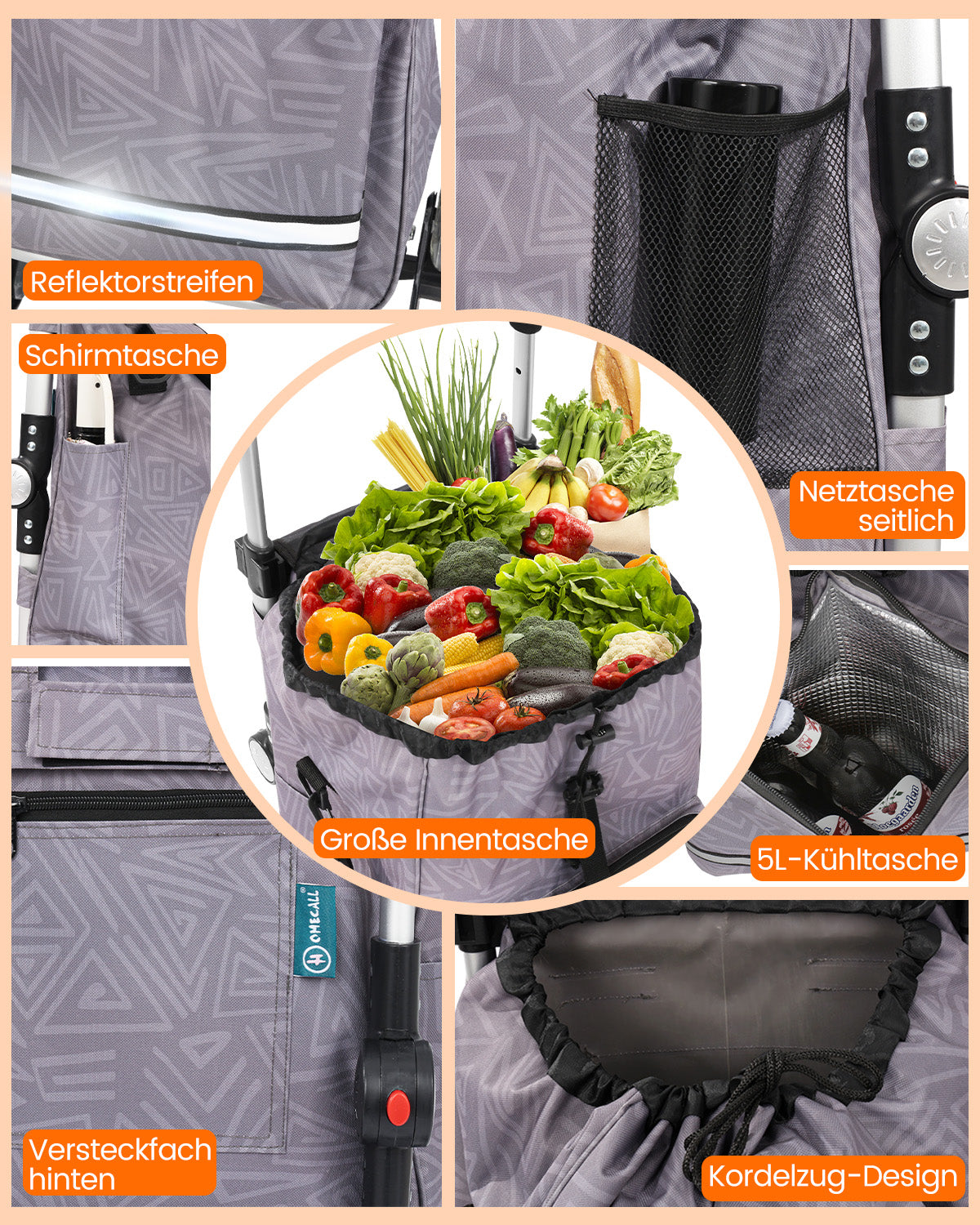 Homecall Foldable Shopping Trolley with 50 L + 5 L Cooling Function up to 50 kg, Shopping Bag with Wheels 3-in-1 Shopping Trolley & Sack Truck & Shoulder Bag (Standard)