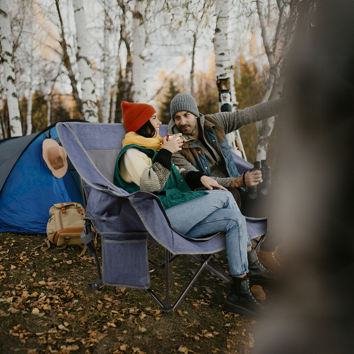 Camping Sofa Duo Deluxe Lounge Double Folding Chair with Armrests Camping Lounger for 2 People up to 320 kg Heavy Duty Folding Couch Low Seat Height for Garden (Blue)