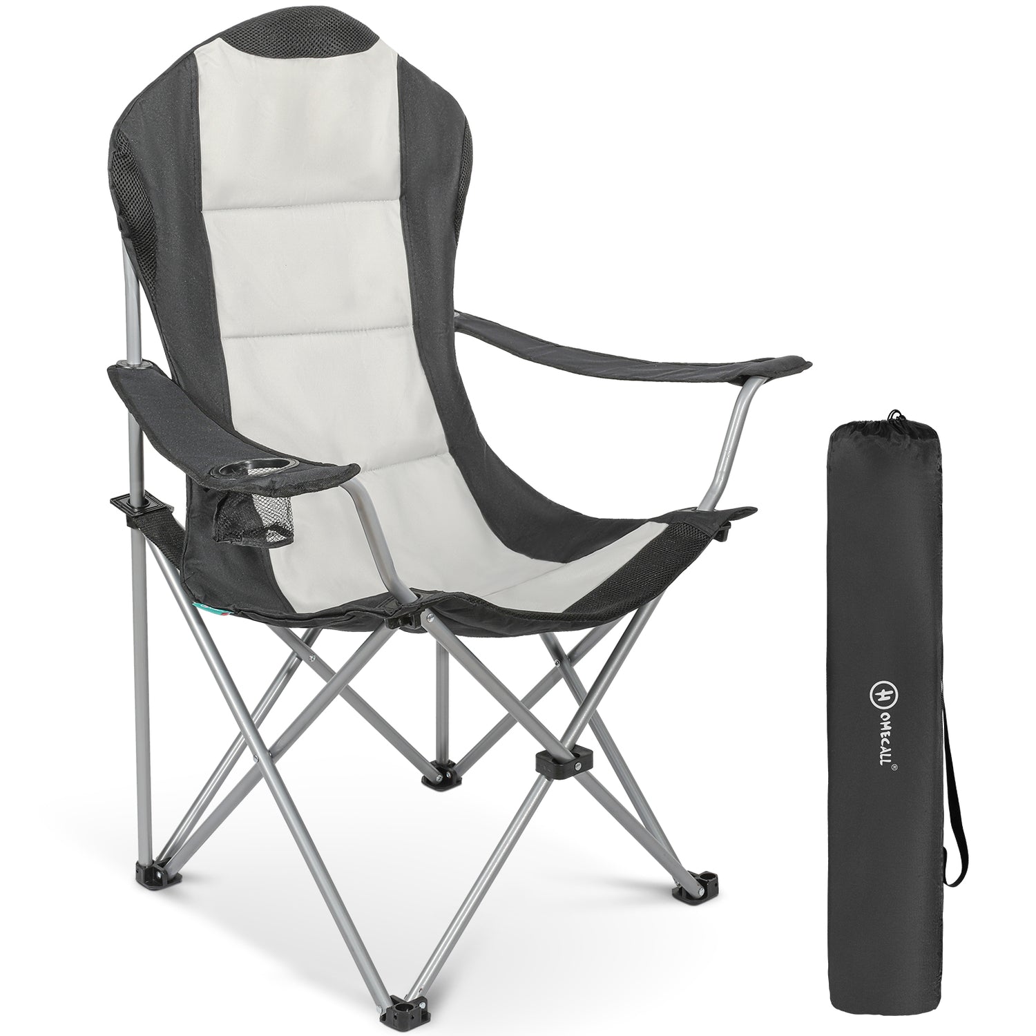 HOMECALL Campingstuhl Hochlehner Klappstuhl Gartenstuhl Angelstuhl, Angenehme Polsterung (Bis 150KG, mit hoher Rückenlehne Armlehne Getränkehalter), für Camp Garten Balkon