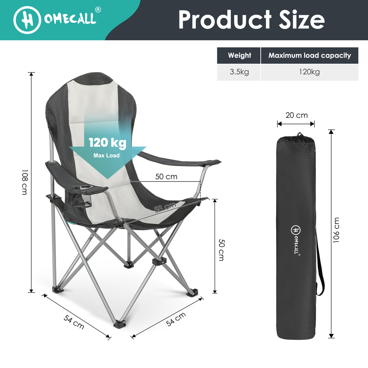 HOMECALL Campingstuhl Hochlehner Klappstuhl Gartenstuhl Angelstuhl, Angenehme Polsterung (Bis 150KG, mit hoher Rückenlehne Armlehne Getränkehalter), für Camp Garten Balkon