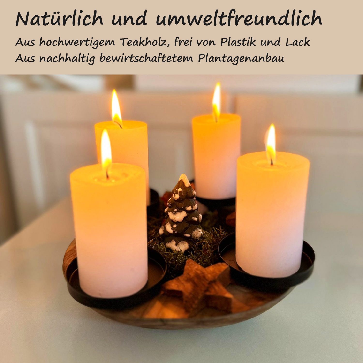 Homecall Advent wreath modern candle holder Advent wreath wood with 4 candle picks Advent arrangement key bowl Advent wreath tea lights wooden bowl ร 20cm - 25cm teak bowl (without candles and decorations)