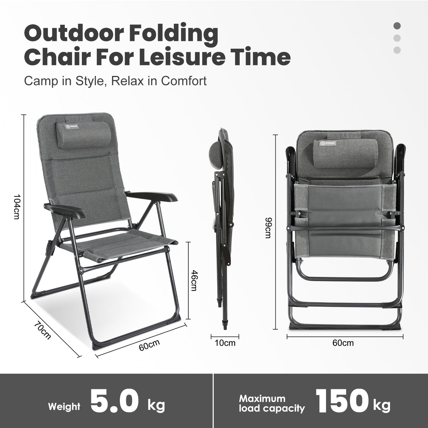 Homecall Camping Folding Chair with Padding and Adjustable Backrest - (Gray) - Homecall - outdoor