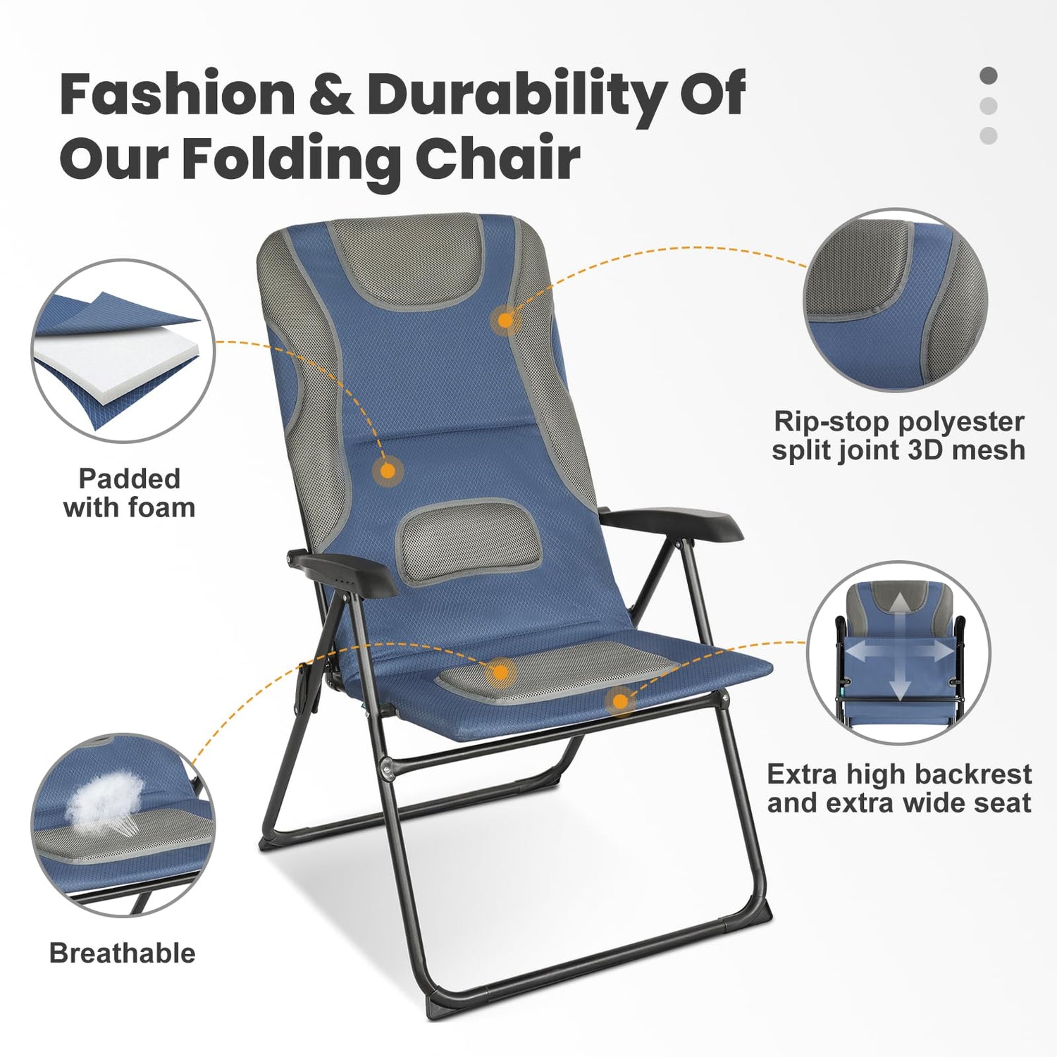 Homecall Folding Garden Camping Chair with Padded 3D - Mesh, 5 Position Adjustable Backrest, XXL - (Blue/Grey) - Homecall - outdoor