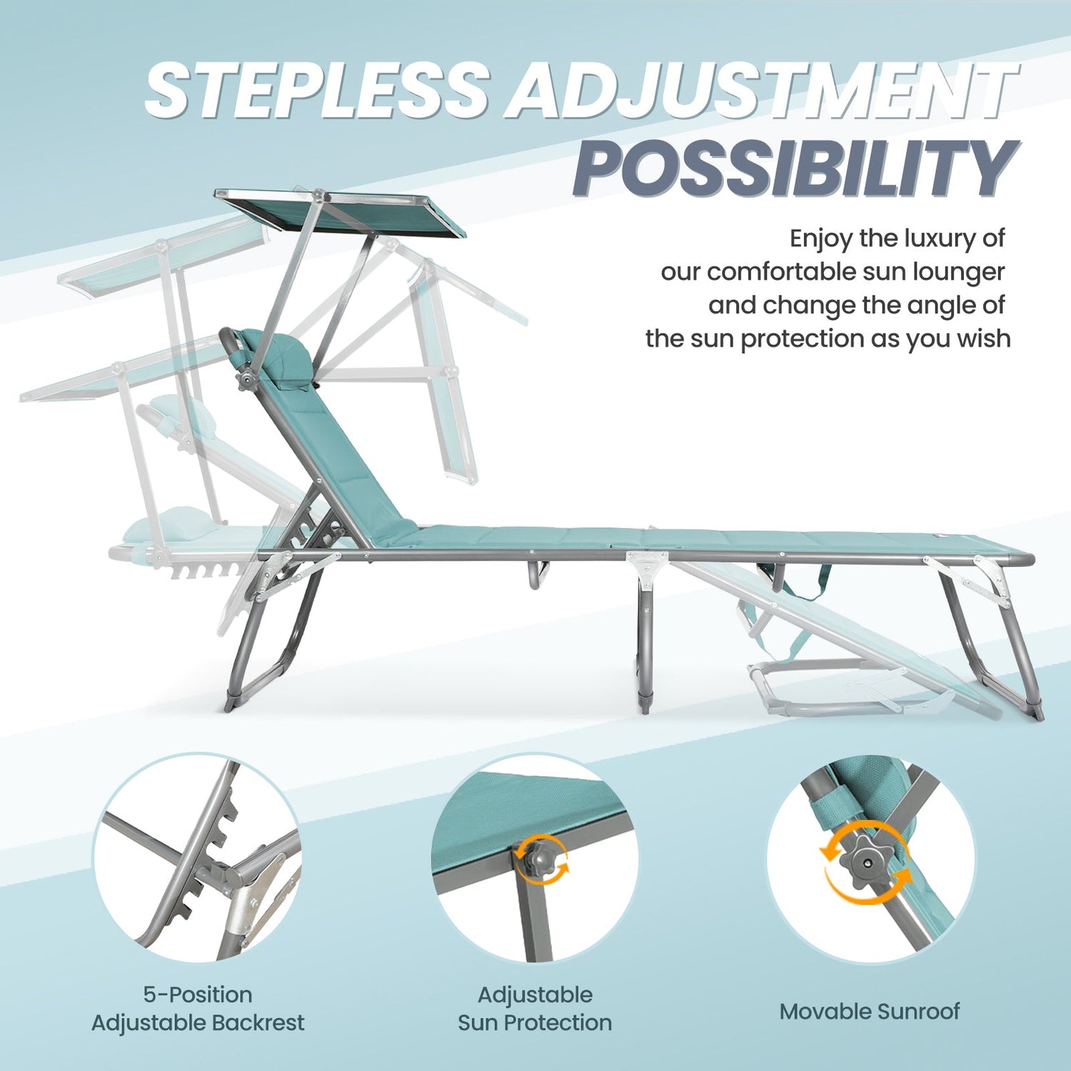 HOMECALL Garden Sun Lounger Aluminum Lounger Deck Chair Foldable, Textilene With Quick - drying Foam, Sun - Roof, bis 180KG - Homecall - outdoor