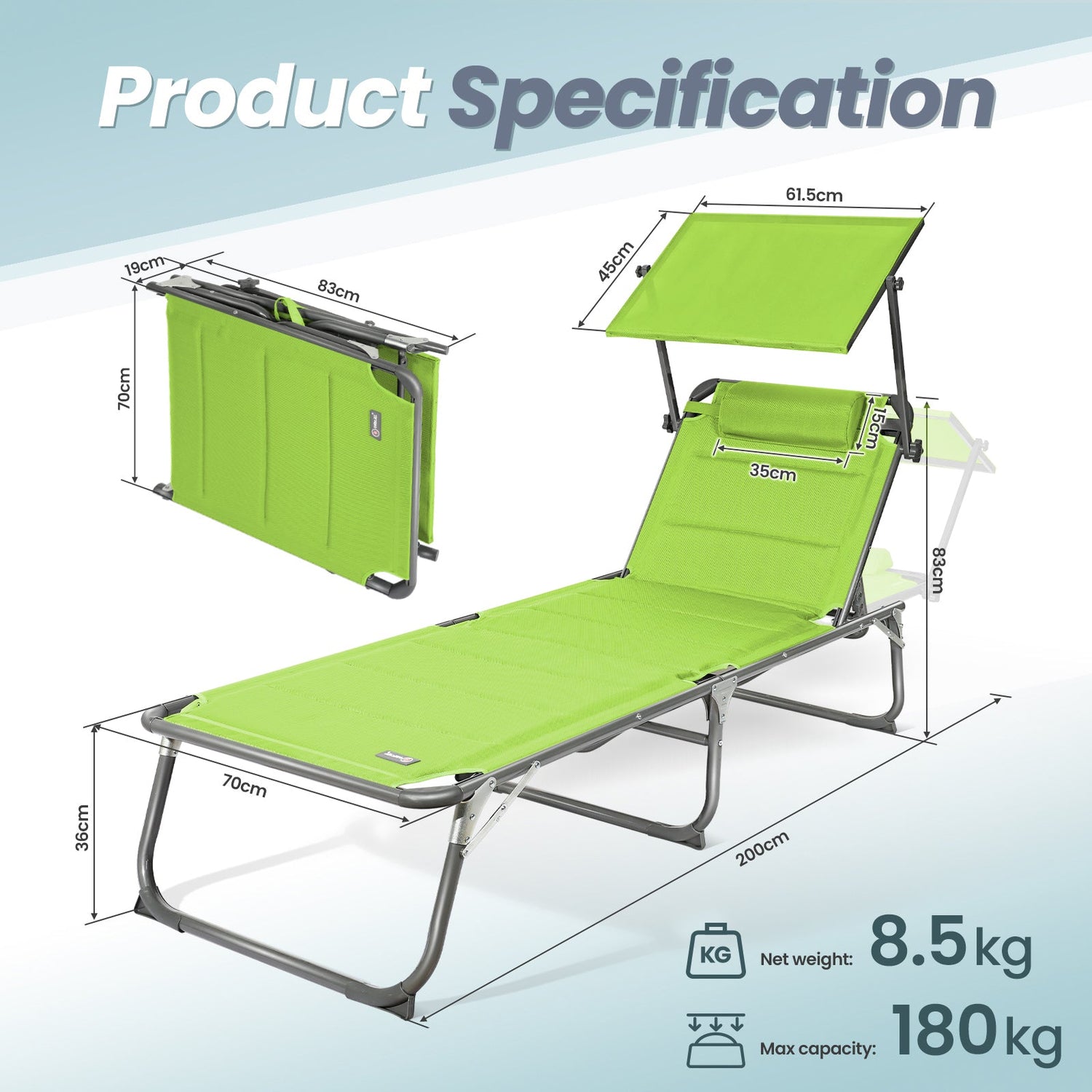 HOMECALL Garden Sun Lounger Aluminum Lounger Deck Chair Foldable, Textilene With Quick - drying Foam, Sun - Roof, bis 180KG - Homecall - outdoor