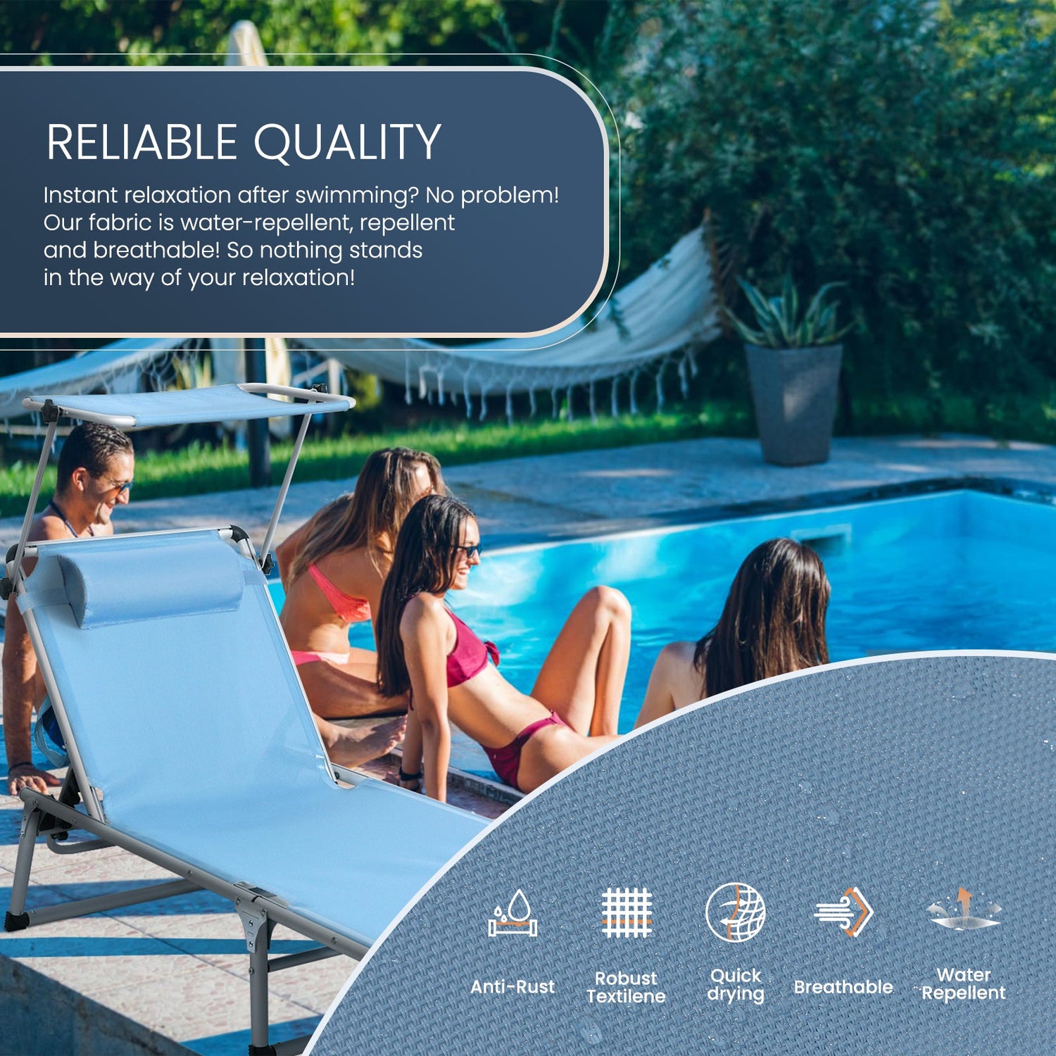 HOMECALL Lightweight Sun Lounger Foldable Aluminum Deck Chair Beach Lounger, 5 - way adjustable backrest, with sunshade, bis 136KG - Homecall - outdoor
