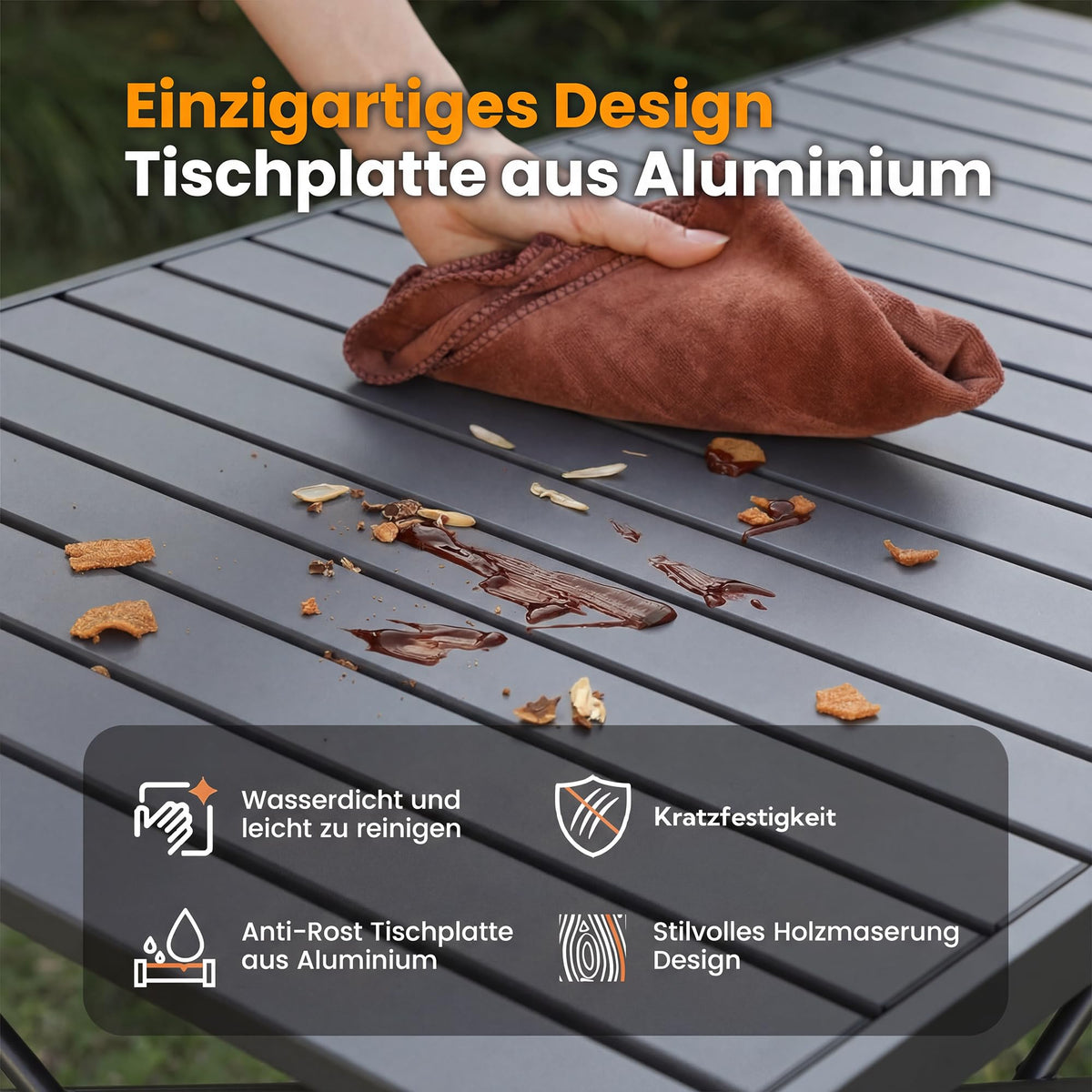 Campingtisch Klappbar Bis 100KG Alu Klapptisch für 6 Personen, 118 x 70CM, mit Tragetasche Roll Up Camping Tisch Übergröße Rolltisch für Camping, Outdoor, Garten, Balkon, Picknick, Strand, Silbergrau