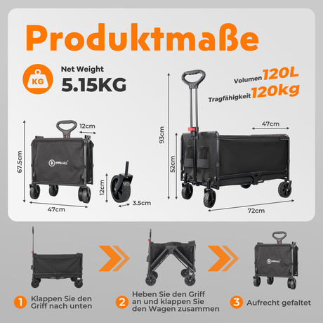 Handcart Foldable 120 L to 120 kg Beach Trolley Foldable with Rain Cover, Cup Holder, Reflective Strips, Foldable Handcart for Dogs, Shopping, Camping, Beach, Transport, Outdoor