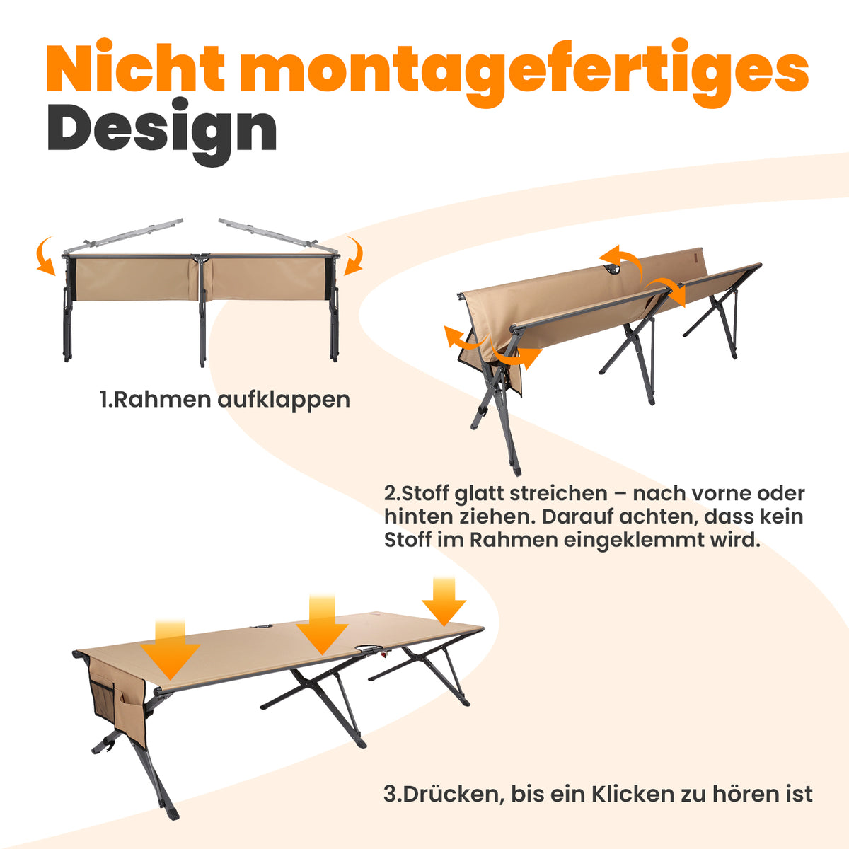 Homecall Feldbett klappbar XXL bis 240 kg, 210 x 80 cm, Aufklappen & sofort nutzen (Sand)