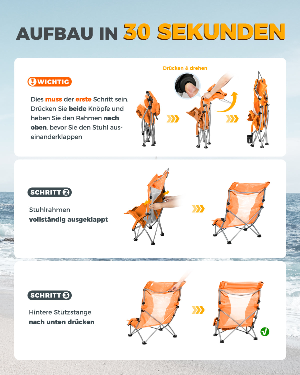 Foldable Beach Chair Lightweight 180 kg Load Capacity with High Mesh Backrest