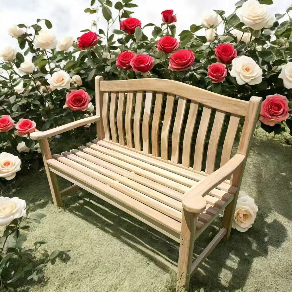 HOMECALL Wooden Garden Bench Teak Bench Weather-Resistant Wooden Bench with Backrest Outdoor Seating Bench 2-Seater Untreated, Suitable for Garden, Terrace, Conservatory