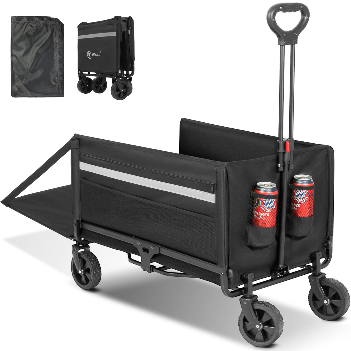 Bollerwagen Faltbar Gartenwagen Handwagen Strandwagen Klappbar Transportwagen (Inkl. Regenabdeckung! Kapazität erweiterbar durch 2 Aufbewahrungstaschen, bis 150KG, 120L+ , Campingwagen mit Reflektorstreifen), Für Einkaufen, Camping, Garten, Dogs