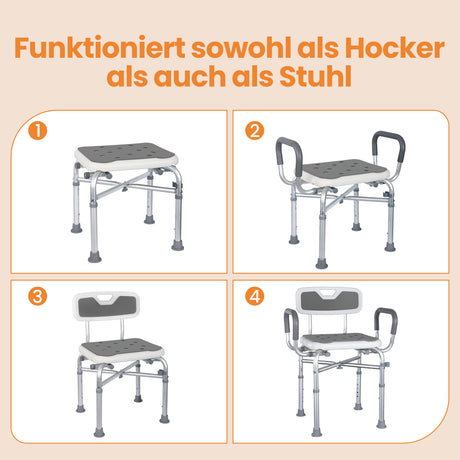 Homecall Shower Chair for Seniors with Armrests up to 180 kg - Height Adjustable & Width Adjustable Shower Stool - Reinforcement Chair for Shower - Includes Non-Slip Feet, Mats & Shower Holder