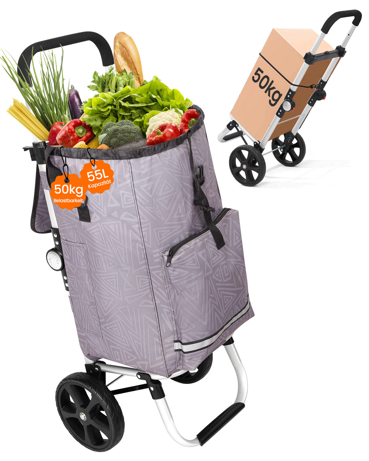 Homecall Foldable Shopping Trolley with 50 L + 5 L Cooling Function up to 50 kg, Shopping Bag with Wheels 3-in-1 Shopping Trolley & Sack Truck & Shoulder Bag (Standard)