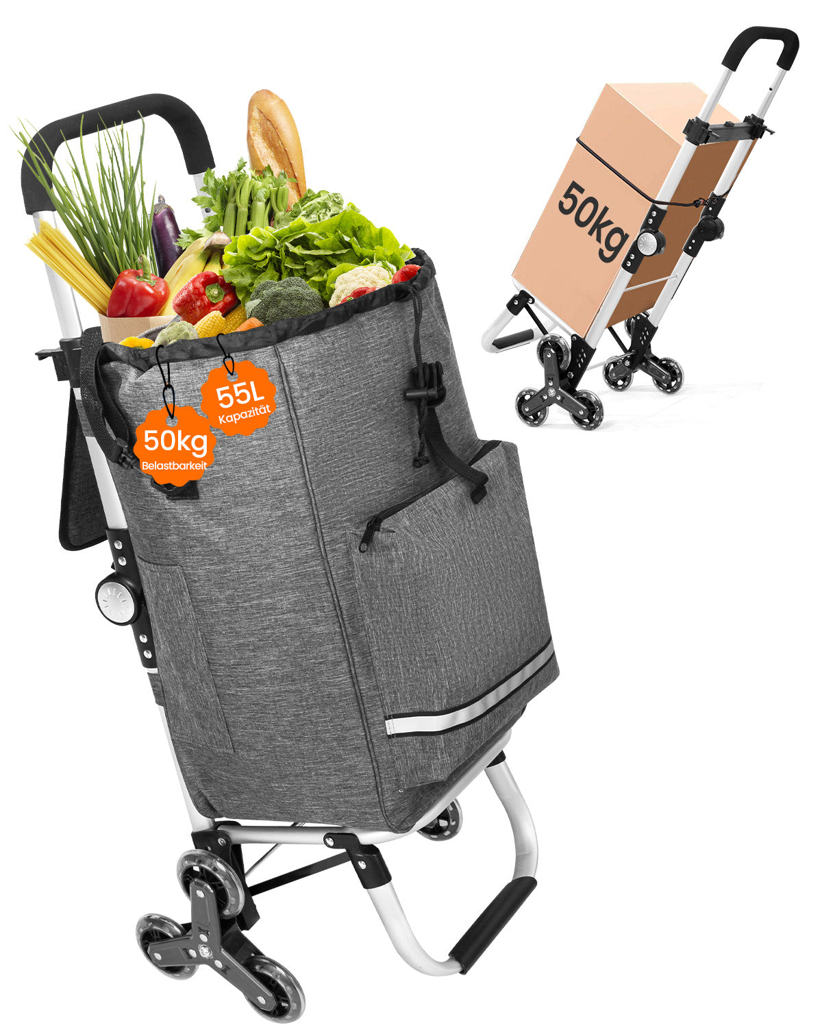 Homecall Foldable Shopping Trolley with 50 L + 5 L Cooling Function up to 50 kg, Shopping Bag with Wheels 3-in-1 Shopping Trolley & Sack Truck & Shoulder Bag (Stair Climber)