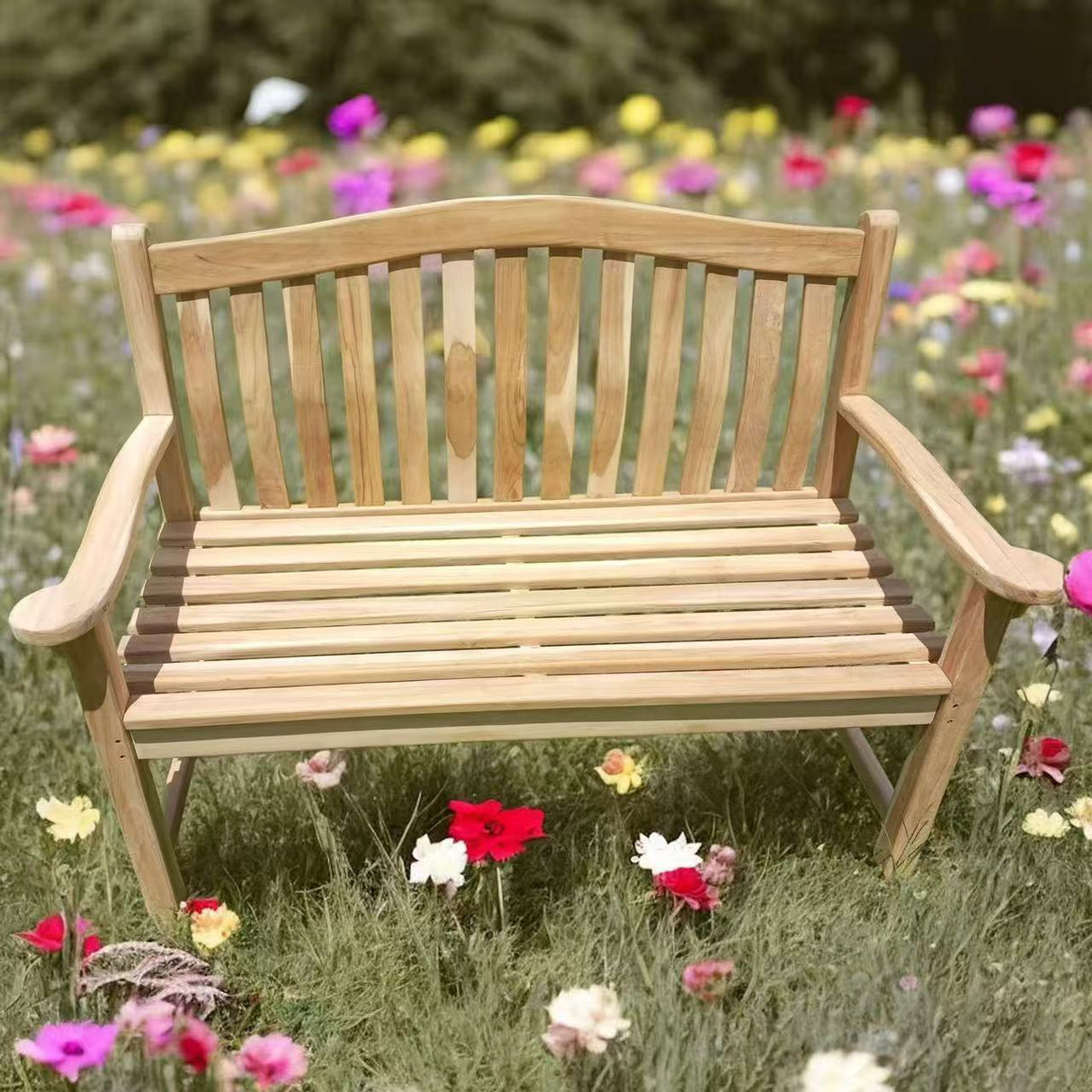 HOMECALL Wooden Garden Bench Teak Bench Weather-Resistant Wooden Bench with Backrest Outdoor Seating Bench 2-Seater Untreated, Suitable for Garden, Terrace, Conservatory