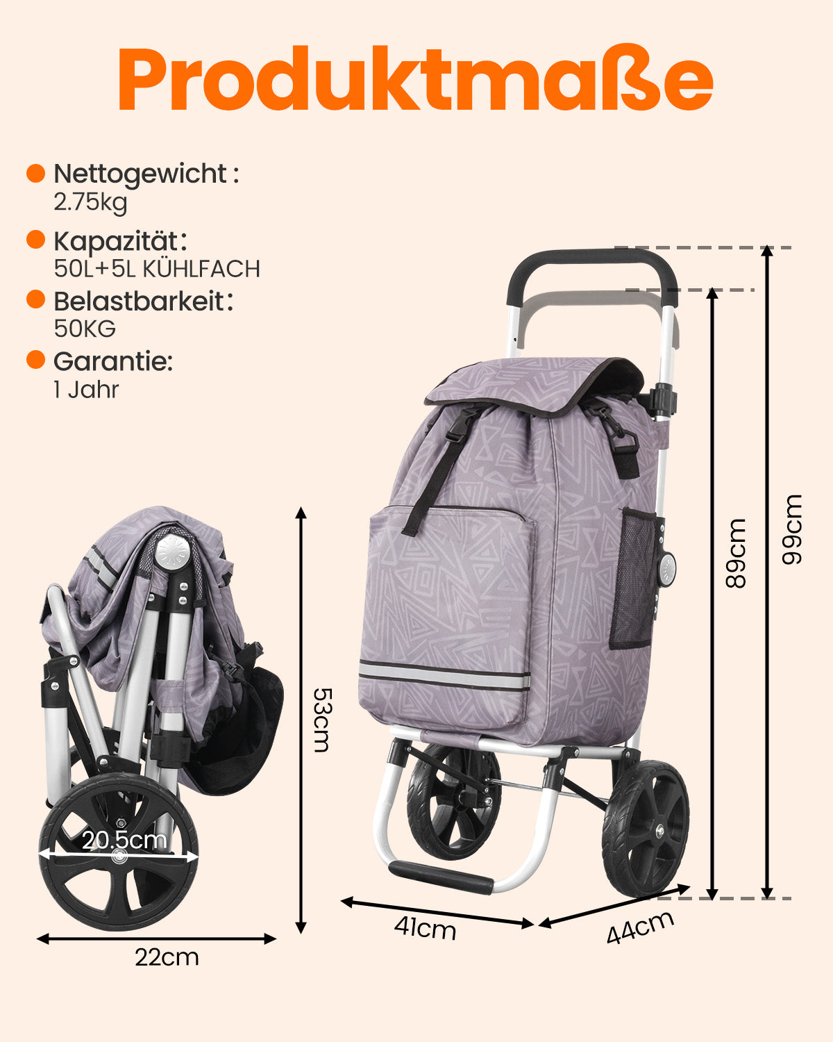 Homecall Foldable Shopping Trolley with 50 L + 5 L Cooling Function up to 50 kg, Shopping Bag with Wheels 3-in-1 Shopping Trolley & Sack Truck & Shoulder Bag (Standard)