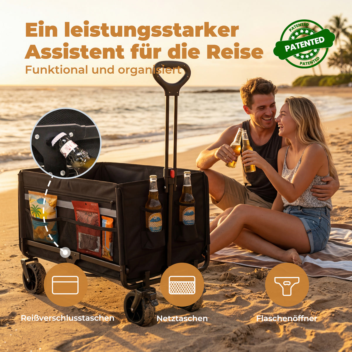 Bollerwagen Faltbar 120L+, Bis 150kg mit Heckklappe, Regenschutz, Bremsen Reflektorstreifen, Strandwagen Klappbar, Faltbarer Bollerwagen Für Hunde, Einkaufen, Camping, Strand, Transport, Outdoor
