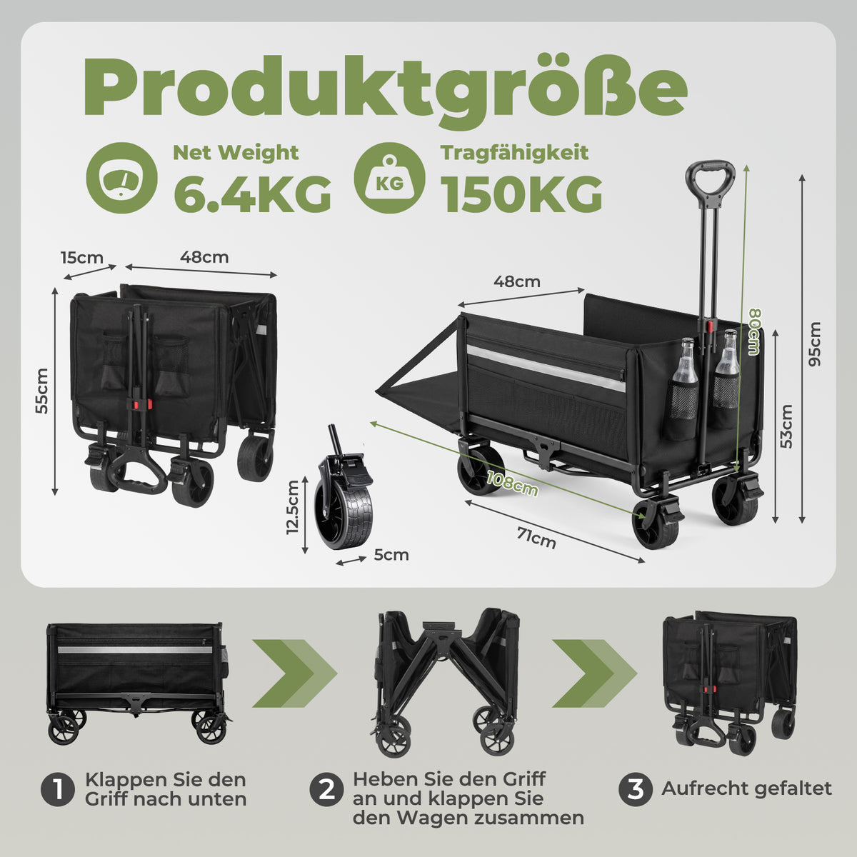 Bollerwagen Faltbar 120L+, Bis 150kg mit Heckklappe, Regenschutz, Bremsen Reflektorstreifen, Strandwagen Klappbar, Faltbarer Bollerwagen Für Hunde, Einkaufen, Camping, Strand, Transport, Outdoor