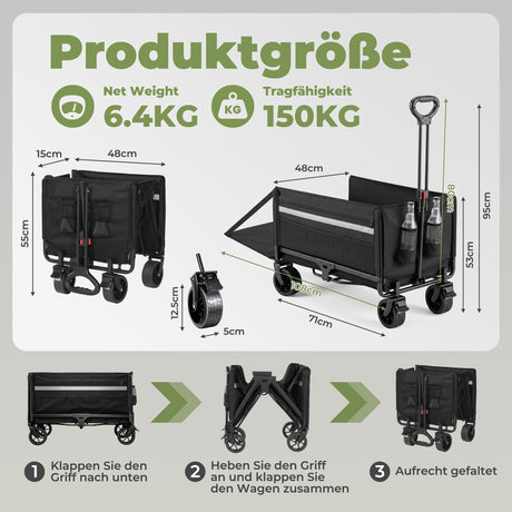 Bollerwagen Faltbar 120L+, Bis 150kg mit Heckklappe, Regenschutz, Bremsen Reflektorstreifen, Strandwagen Klappbar, Faltbarer Bollerwagen Für Hunde, Einkaufen, Camping, Strand, Transport, Outdoor