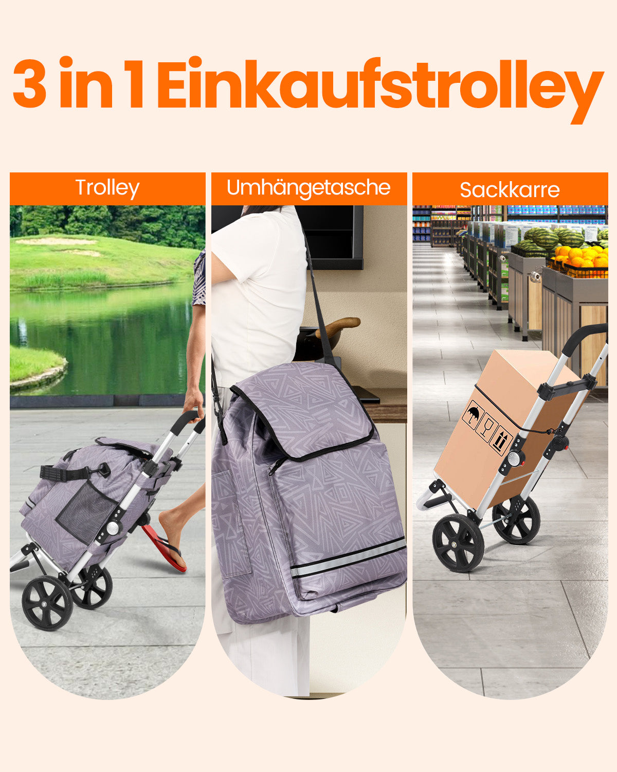 Homecall Foldable Shopping Trolley with 50 L + 5 L Cooling Function up to 50 kg, Shopping Bag with Wheels 3-in-1 Shopping Trolley & Sack Truck & Shoulder Bag (Standard)