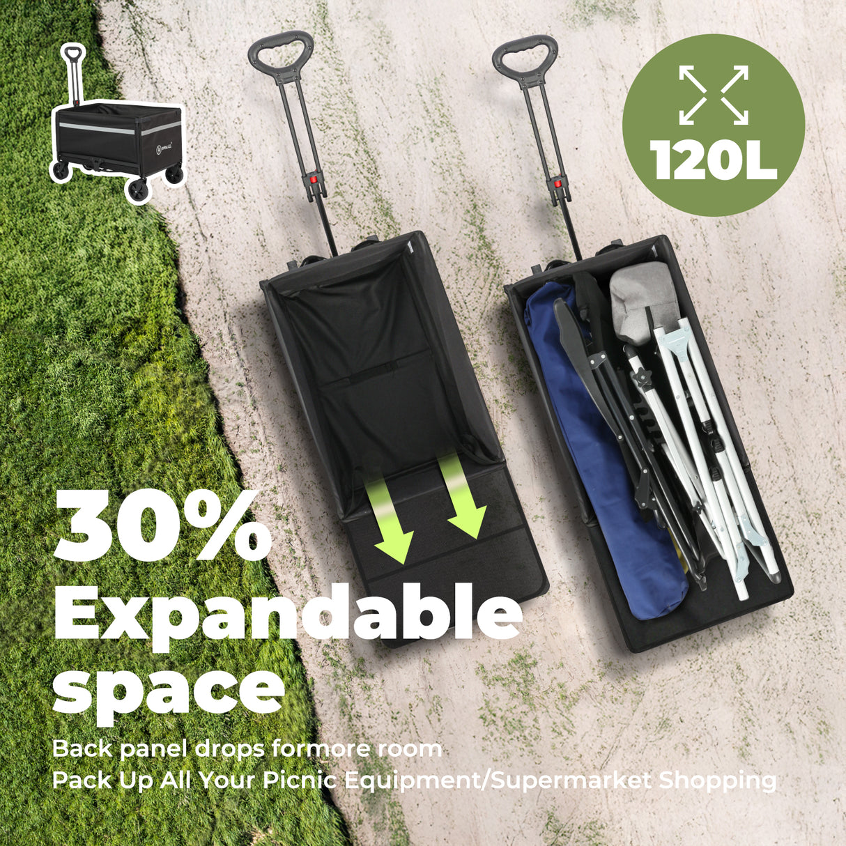 Bollerwagen Faltbar Gartenwagen Handwagen Strandwagen Klappbar Transportwagen (Inkl. Regenabdeckung! Kapazität erweiterbar durch 2 Aufbewahrungstaschen, bis 150KG, 120L+ , Campingwagen mit Reflektorstreifen), Für Einkaufen, Camping, Garten, Dogs
