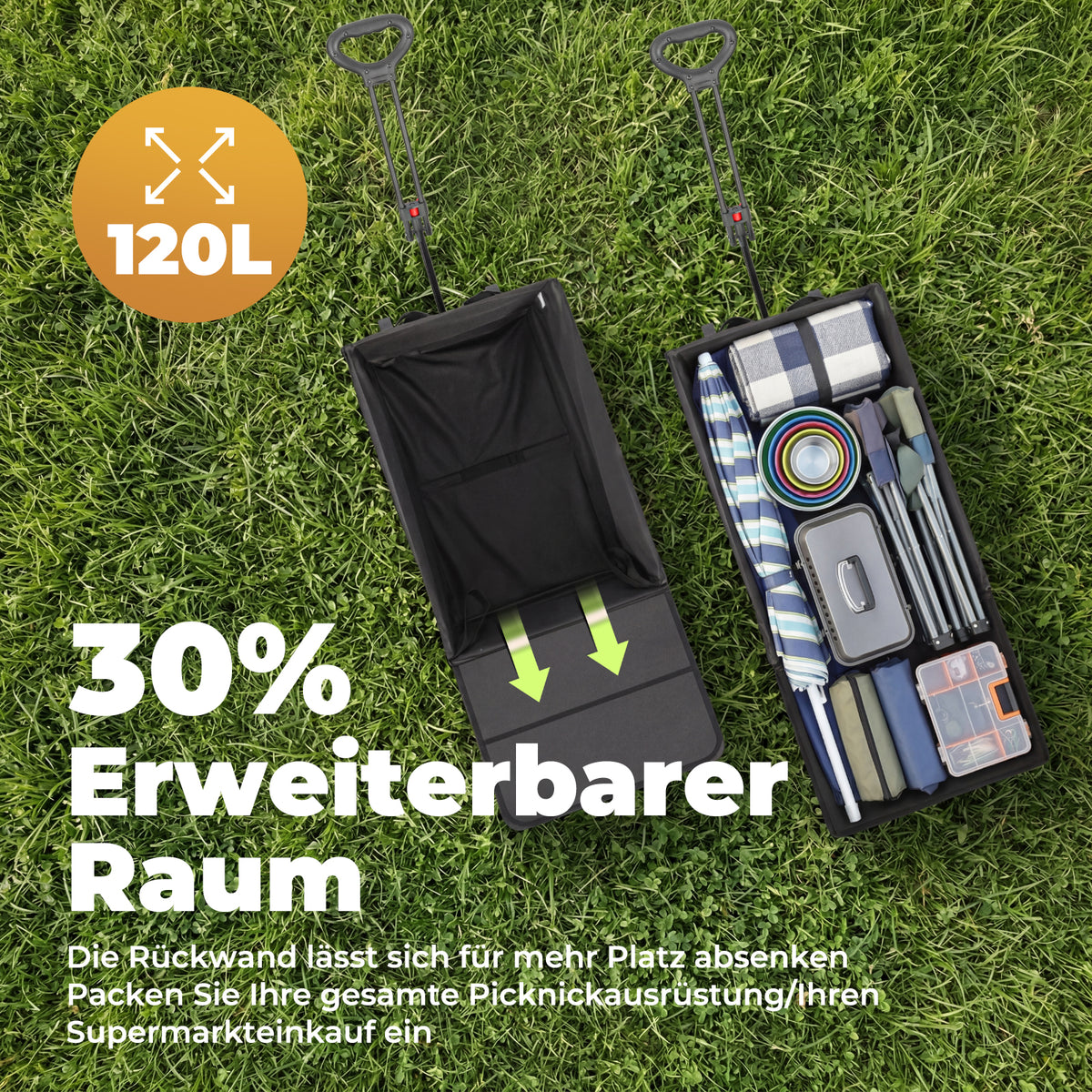 Bollerwagen Faltbar 120L+, Bis 150kg mit Heckklappe, Regenschutz, Bremsen Reflektorstreifen, Strandwagen Klappbar, Faltbarer Bollerwagen Für Hunde, Einkaufen, Camping, Strand, Transport, Outdoor