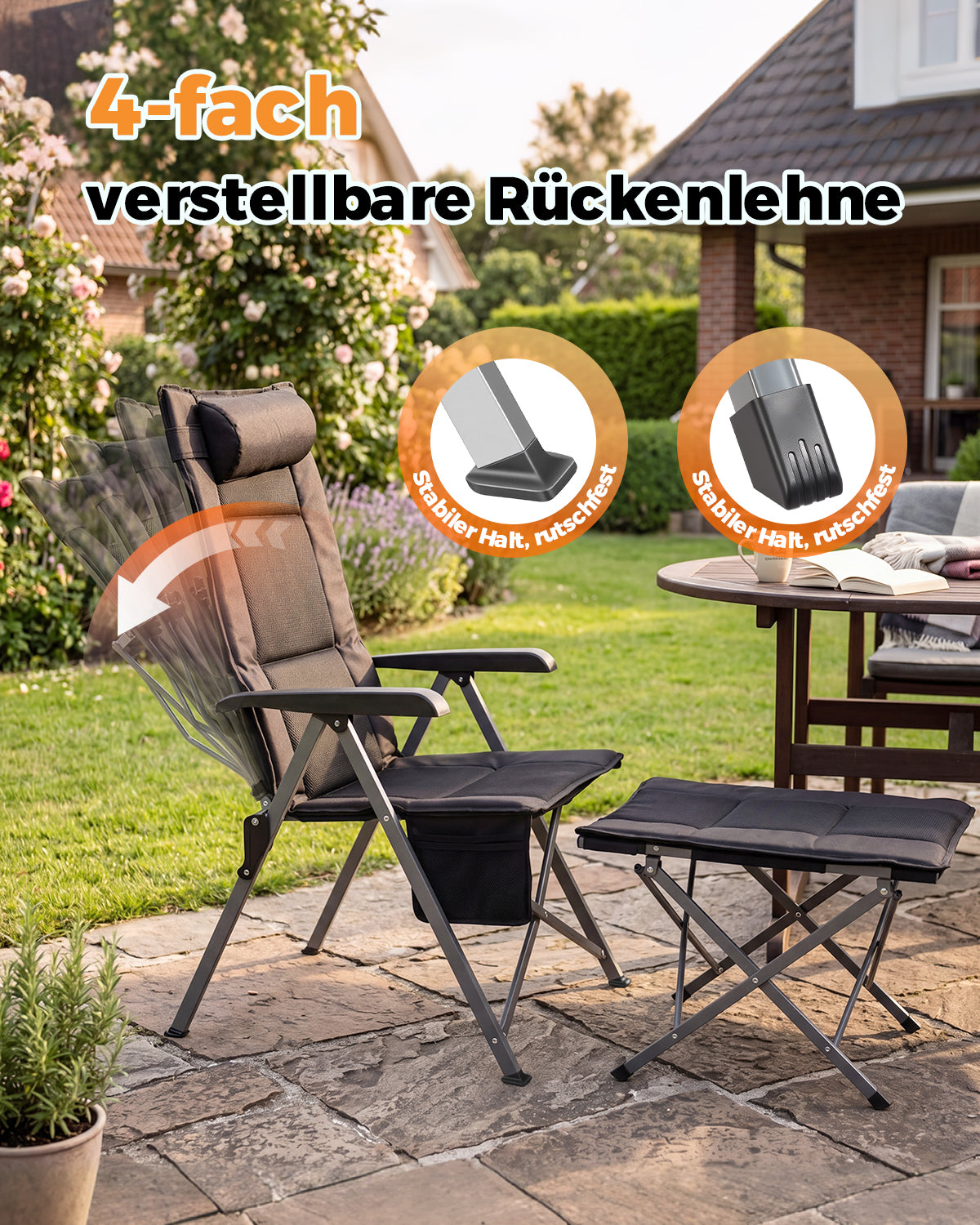 Campingstuhl Faltbar mit Fußablage Gepolstert Hochlehner, 150 kg Belastbar