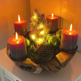 Homecall Advent wreath modern candle holder Advent wreath wood with 4 candle picks Advent arrangement key bowl Advent wreath tea lights wooden bowl Ø 30cm - 35cm teak bowl (without candles and decorations)