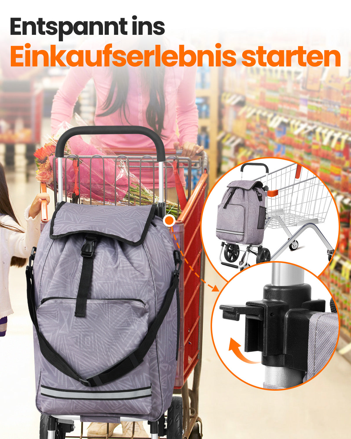 Homecall Foldable Shopping Trolley with 50 L + 5 L Cooling Function up to 50 kg, Shopping Bag with Wheels 3-in-1 Shopping Trolley & Sack Truck & Shoulder Bag (Standard)