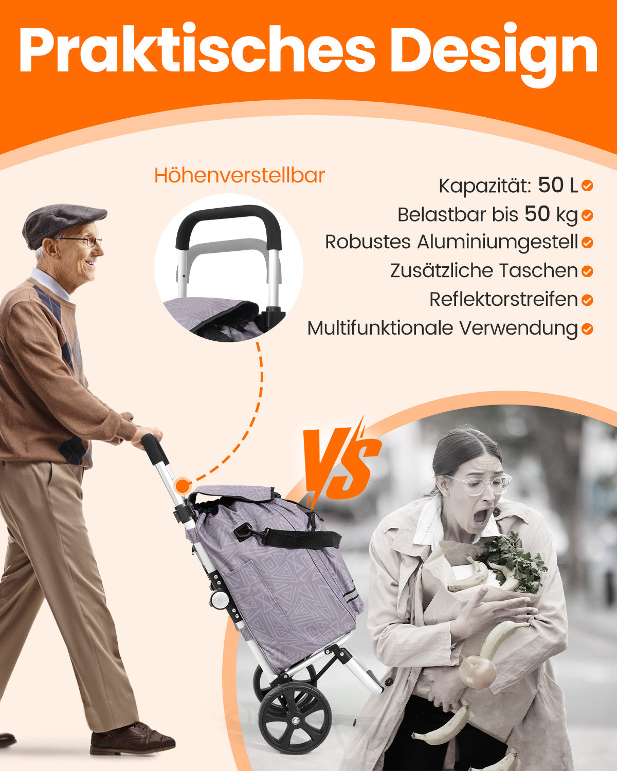 Homecall Foldable Shopping Trolley with 50 L + 5 L Cooling Function up to 50 kg, Shopping Bag with Wheels 3-in-1 Shopping Trolley & Sack Truck & Shoulder Bag (Standard)