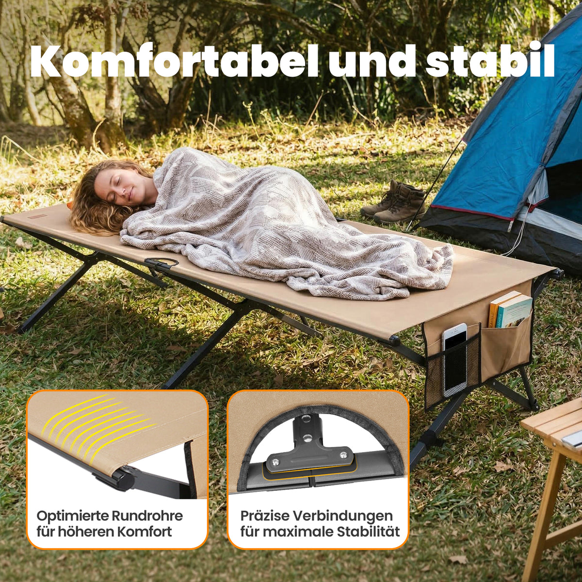 Homecall Feldbett klappbar XXL bis 240 kg, 210 x 80 cm, Aufklappen & sofort nutzen (Sand)