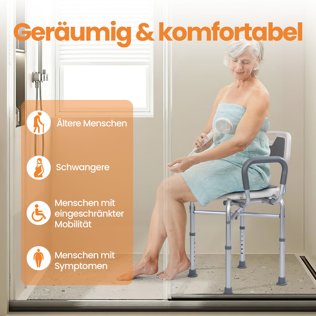 Homecall Shower Chair for Seniors with Armrests up to 180 kg - Height Adjustable & Width Adjustable Shower Stool - Reinforcement Chair for Shower - Includes Non-Slip Feet, Mats & Shower Holder