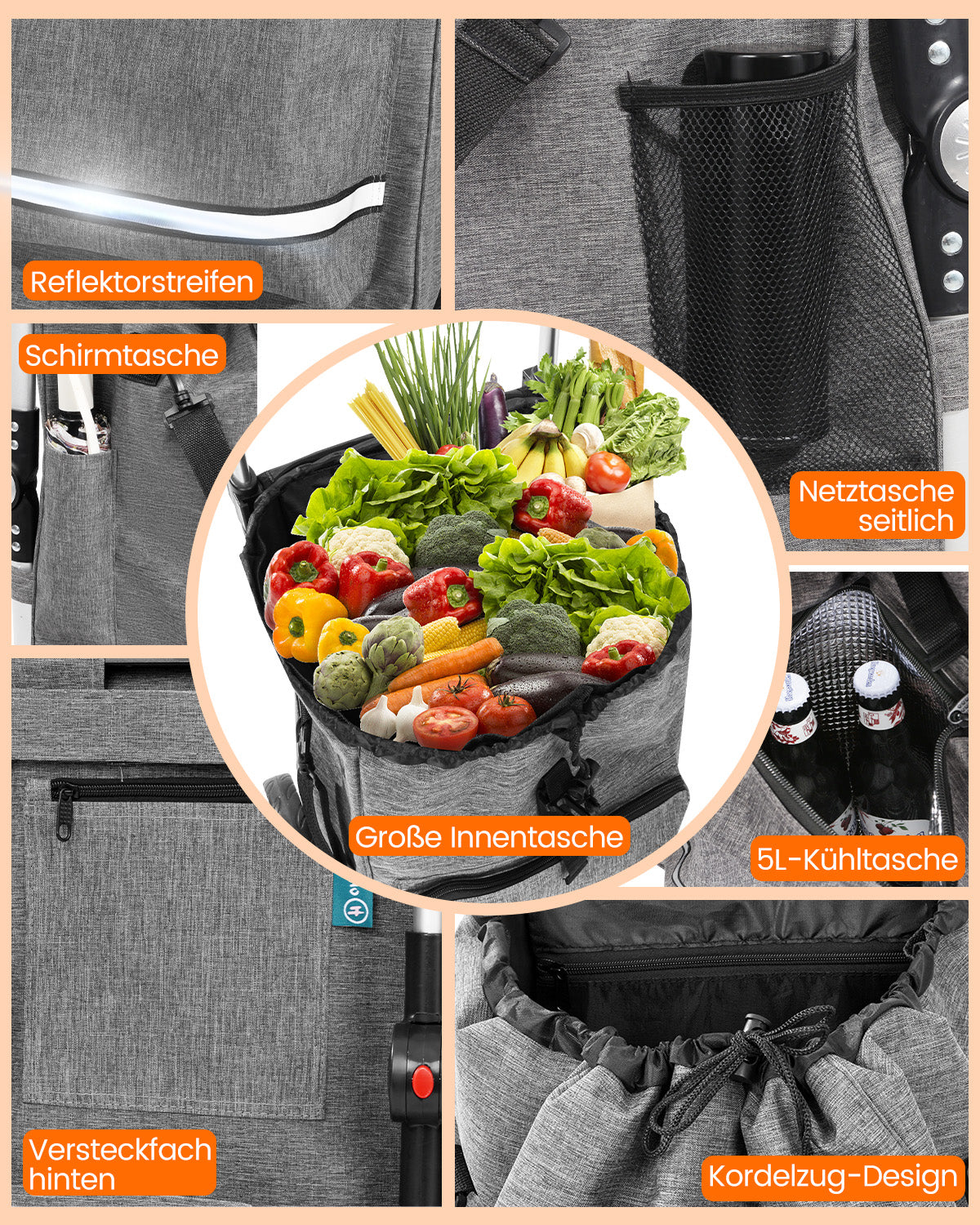 Homecall Foldable Shopping Trolley with 50 L + 5 L Cooling Function up to 50 kg, Shopping Bag with Wheels 3-in-1 Shopping Trolley & Sack Truck & Shoulder Bag (Stair Climber)