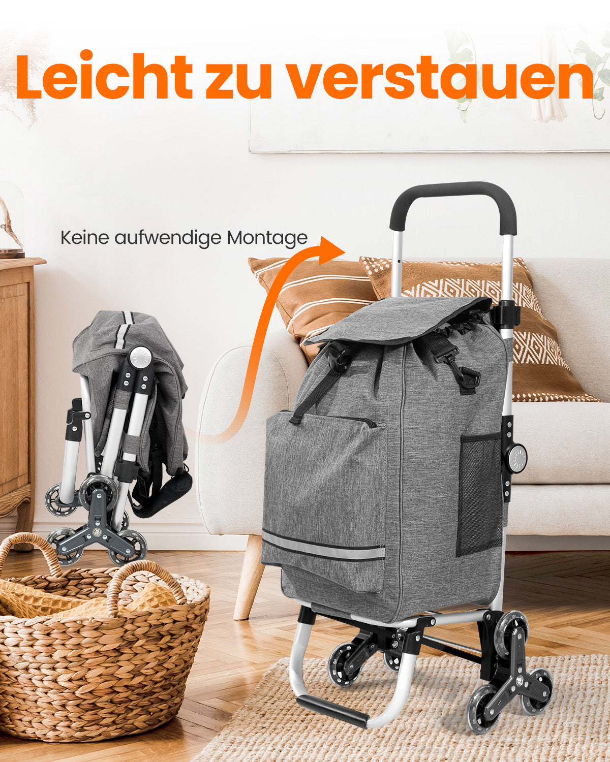 Homecall Foldable Shopping Trolley with 50 L + 5 L Cooling Function up to 50 kg, Shopping Bag with Wheels 3-in-1 Shopping Trolley & Sack Truck & Shoulder Bag (Stair Climber)