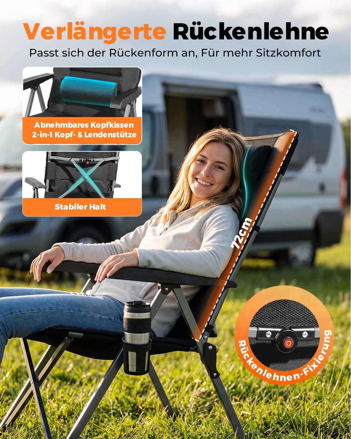 Campingstuhl Faltbar mit Fußablage Gepolstert Hochlehner, 150 kg Belastbar